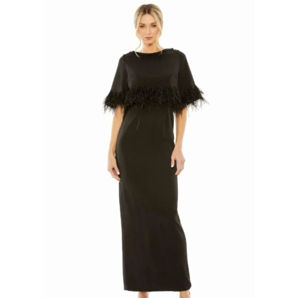 Mac Duggal Black Feather Trim Beaded Cape Sleeve Gown 11787 Size 4 NWT
